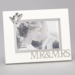 Mr And Mrs Frame With Silver Double Hearts Holds 4x6 Photo