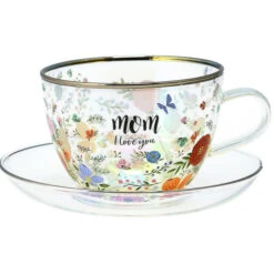 Mom I Love You Floral Glass Teacup And Saucer Set