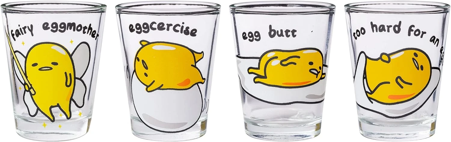 Silver Buffalo Sanrio Gudetama Lazy Egg Poses 4 Pack Mini Glass Set, 1.5 Ounces 1 Silver Buffalo Sanrio Gudetama Lazy Egg Poses 4 Pack Mini Glass Set, 1.5 Ounces