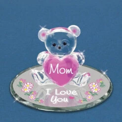 Mom I Love You Bear With Pink Heart Glass Figurine